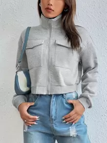 EMERY ROSE Solid Zip Up Drop Shoulder Sweatshirt,Long Sleeve Tops Graduation,Back To School Outfits,Graduation,Teacher Outfits For Women,Back To School Pullover Fall Outfit - Grey - View 4