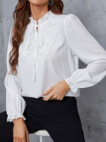 SHEIN LUNE Tie Neck Lace Trim Flounce Sleeve Blouse - White - View 1
