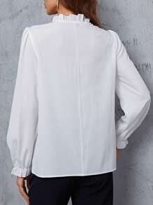 SHEIN LUNE Tie Neck Lace Trim Flounce Sleeve Blouse - White - View 2