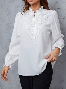 SHEIN LUNE Tie Neck Lace Trim Flounce Sleeve Blouse - White - View 4