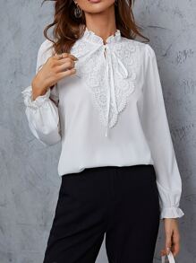 SHEIN LUNE Tie Neck Lace Trim Flounce Sleeve Blouse - White - View 5