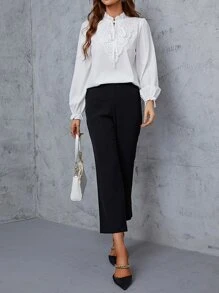 SHEIN LUNE Tie Neck Lace Trim Flounce Sleeve Blouse - White - View 6