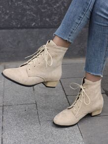 Suedette Lace-up Front Chunky Heeled Classic Boots - Beige - View 1