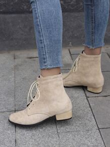 Suedette Lace-up Front Chunky Heeled Classic Boots - Beige - View 2