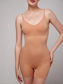 SHAPORA Solid Ribbed Knit Shapewear Bodysuit - Apricot - View 1