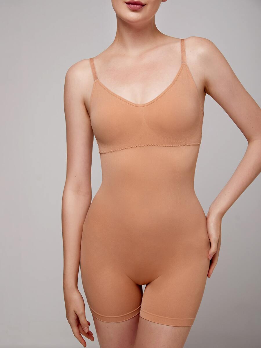 SHAPORA Solid Ribbed Knit Shapewear Bodysuit - Apricot - View 1