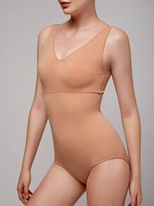 SHAPORA Solid Ribbed Knit Shapewear Bodysuit - Apricot - View 6