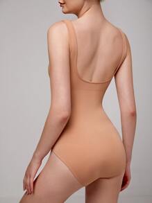 SHAPORA Solid Ribbed Knit Shapewear Bodysuit - Apricot - View 2
