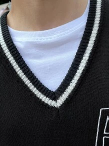 Manfinity Hombres Chaleco de punto con bordado de letra ribete en contraste sin camiseta - Negro - Ver 5