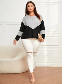 SHEIN LUNE Áo thun Plus size Khối Màu Giải trí - Màu Xám nhạt - Xem 3