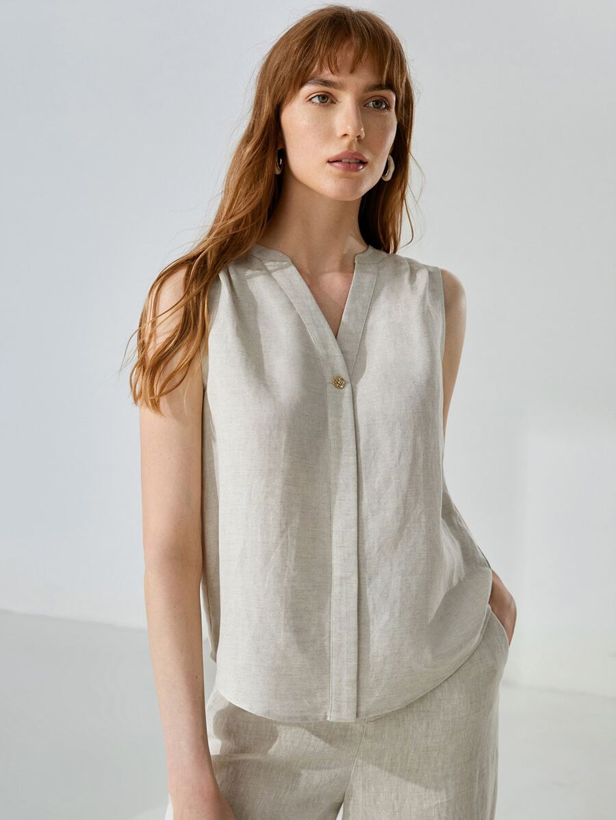 MOTF PREMIUM LINEN SLEEVELESS POPOVER TOP - Khaki - View 1