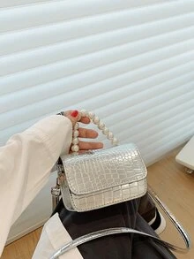 Mini Metallic Crocodile Embossed Faux Pearl Decor Flap Square Bag - Silver - View 1