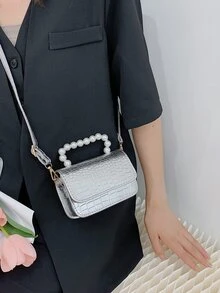 Mini Metallic Crocodile Embossed Faux Pearl Decor Flap Square Bag - Silver - View 4