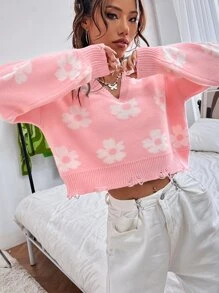 SHEIN Unity 花卉圖案落肩袖破洞毛衣 - 淺粉色 - 查看 5