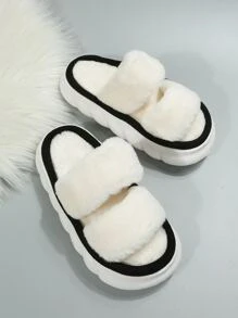Double Strap Fluffy Bedroom Slippers - White - View 3