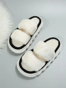 Double Strap Fluffy Bedroom Slippers - White - View 4