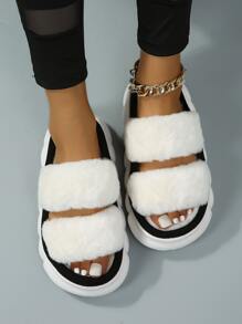 Double Strap Fluffy Bedroom Slippers - White - View 6