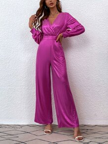 SHEIN Unity 交叉領燈籠袖後鏤空金屬質感連身褲 - 玫紅色 - 查看 1