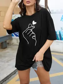 INAWLY Hand And Heart Print Drop Shoulder Oversized Tee Graphic Tees Women Tops - Black - View 4