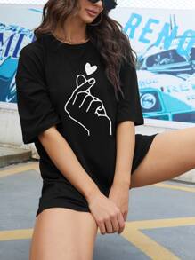 INAWLY Hand And Heart Print Drop Shoulder Oversized Tee Graphic Tees Women Tops - Black - View 5