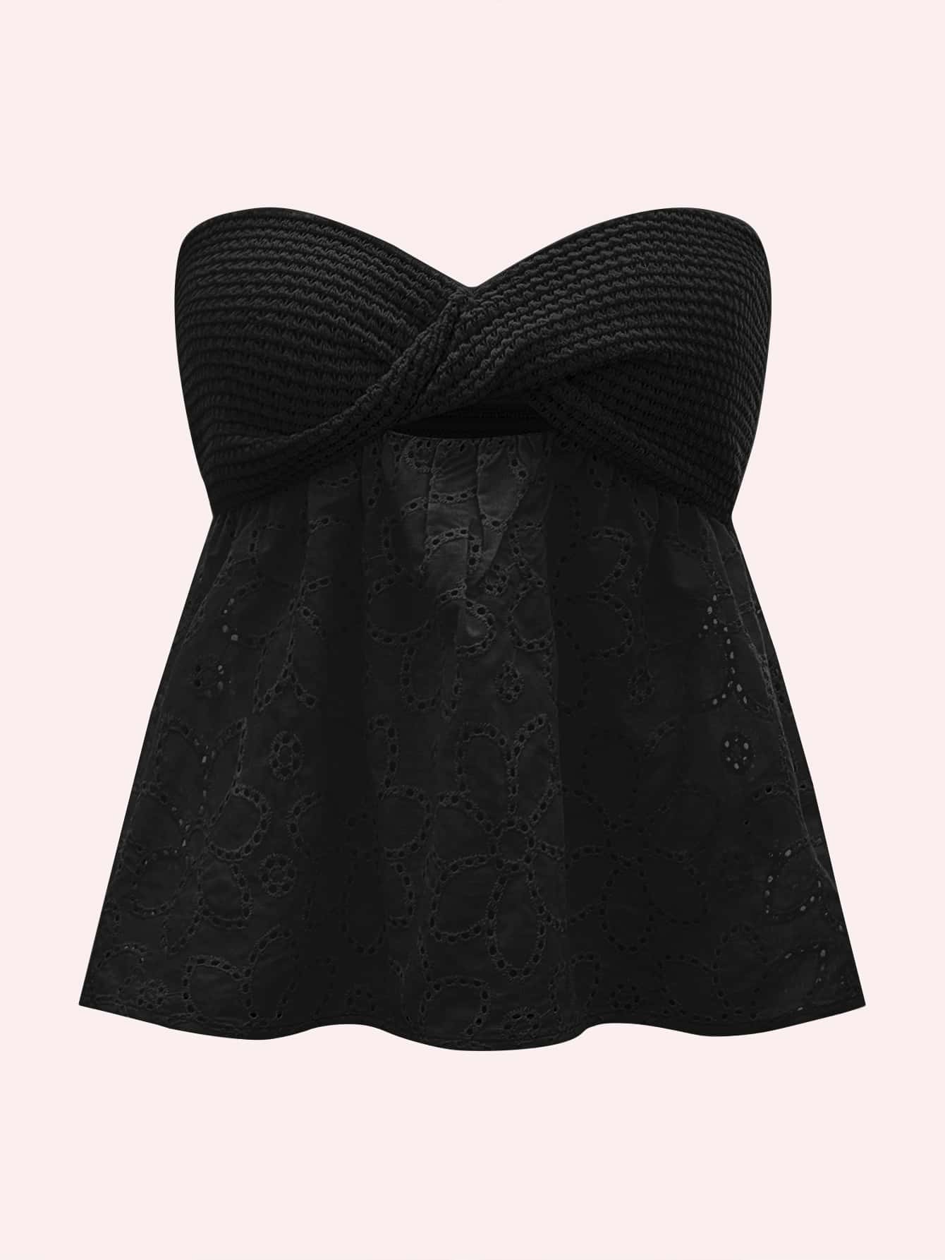 Soleia Twist Front Cutout Eyelet Embroidery Top - Black - View 1