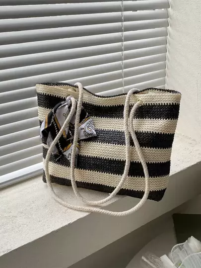 Striped Pattern Skinny Scarf Decor Straw Bag