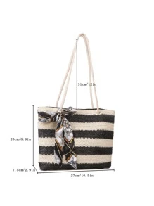 Bolsa de mimbre con patrón de rayas con diseño de pañuelo - Blanco y Negro - Ver 3