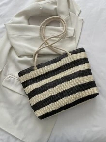 Bolsa de mimbre con patrón de rayas con diseño de pañuelo - Blanco y Negro - Ver 6