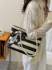 Bolsa de mimbre con patrón de rayas con diseño de pañuelo - Blanco y Negro - Ver 8