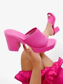 Zapatos de mujer con tacón grueso y banda sencilla, sandalias tipo mulé de color rosa intenso para la primavera y el verano - Rosa Fucsia - Ver 5