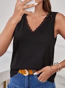 SHEIN Frenchy Guipure Lace Insert Tank Top Summer Elegant Black Black - Black - View 3
