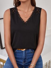 SHEIN Frenchy Guipure Lace Insert Tank Top Summer Elegant Black Black - Black - View 4
