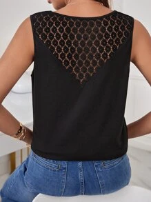 SHEIN Frenchy Guipure Lace Insert Tank Top Summer Elegant Black Black - Black - View 5