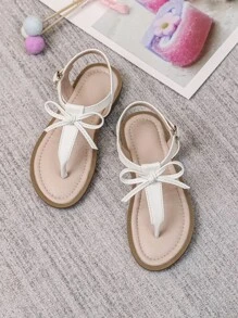 Girls' T-Strap Sandals With Bow Decoration, White - White - View 1