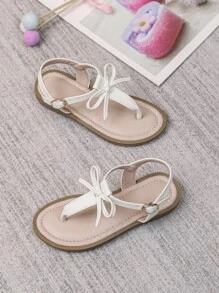 Girls' T-Strap Sandals With Bow Decoration, White - White - View 3
