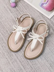Girls' T-Strap Sandals With Bow Decoration, White - White - View 4