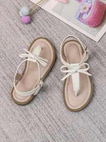 Girls' T-Strap Sandals With Bow Decoration, White - White - View 6