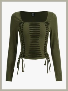 SHEIN ICON 頹廢搖滾前打結梯狀鏤空T恤 - 軍綠色 - 查看 1