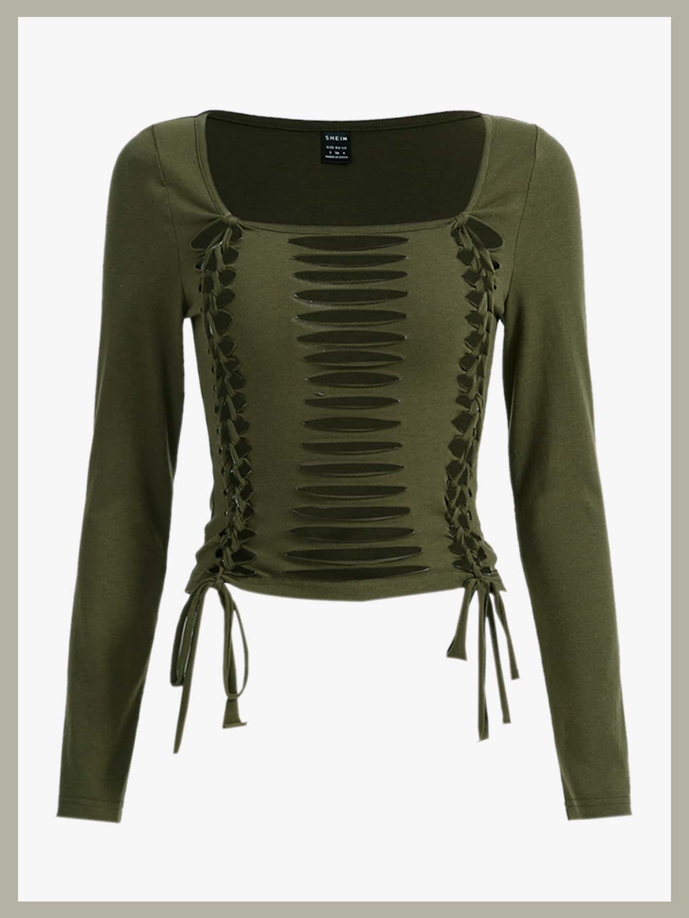 SHEIN ICON 頹廢搖滾前打結梯狀鏤空T恤 - 軍綠色 - 查看 1
