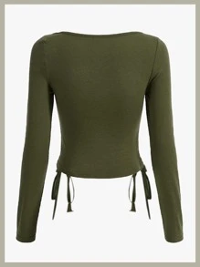 SHEIN ICON 頹廢搖滾前打結梯狀鏤空T恤 - 軍綠色 - 查看 2