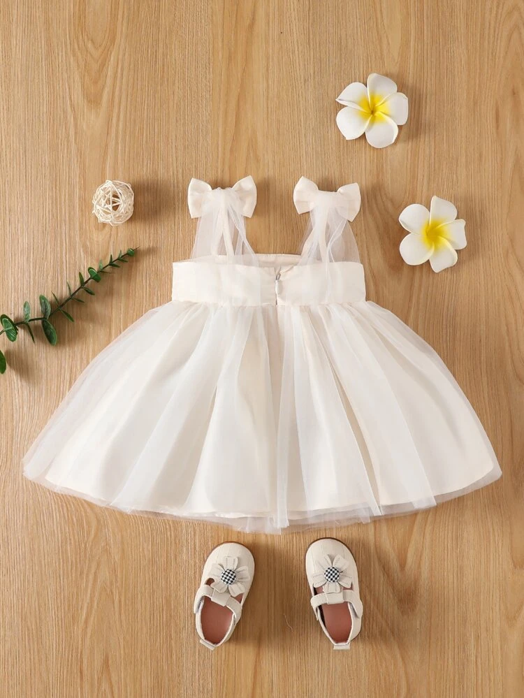 Baby Girl Bow Shoulder Mesh Overlay Dress