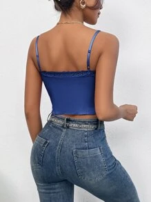 Muchica Áo hai dây Tương phản ren Gân đan màu trơn Giải trí - Màu xanh lam - Xem 2