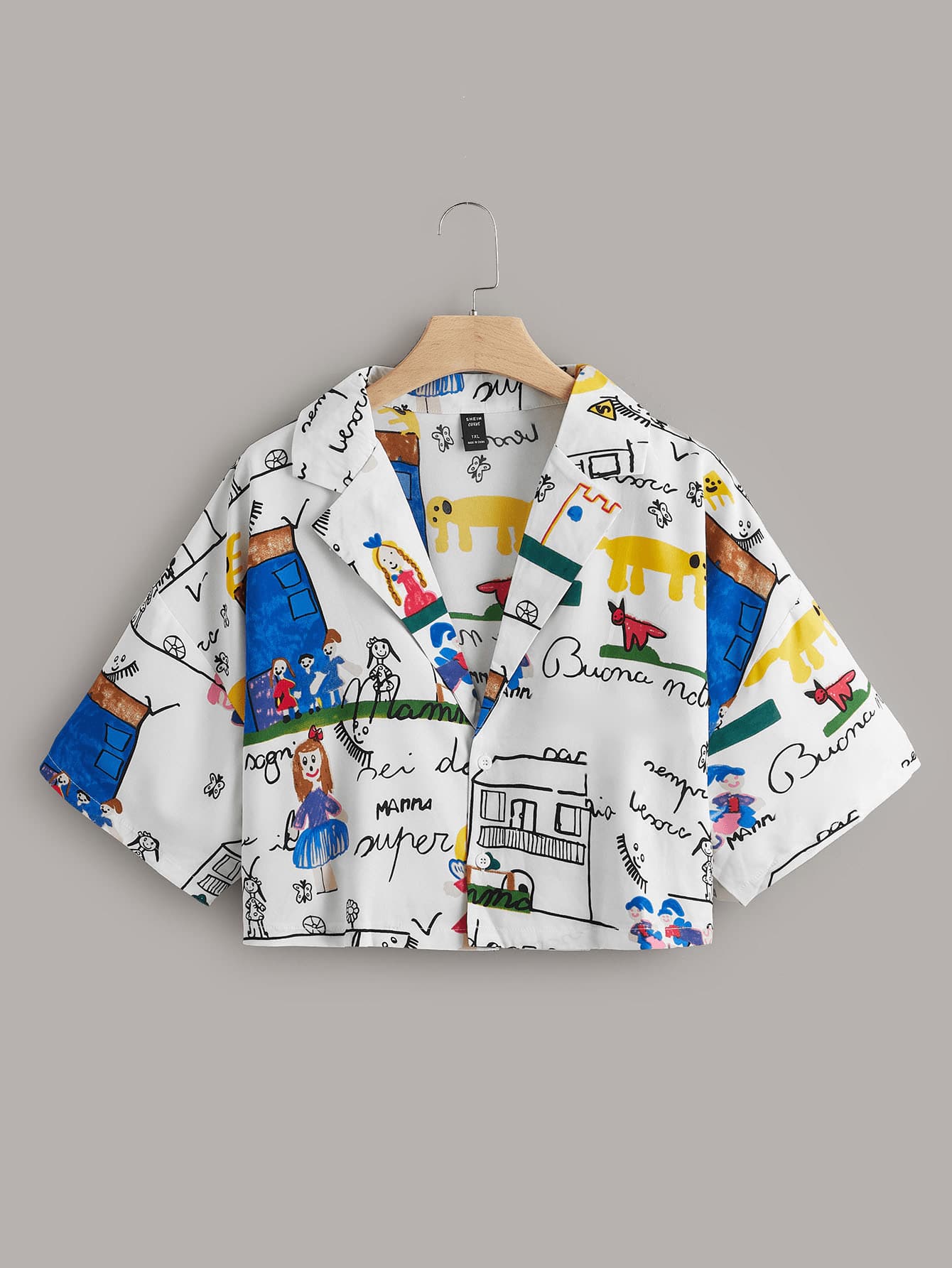 CovetEZ Plus Cartoon Graffiti Print Crop Blouse For Summer - Multicolor - View 1