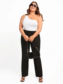 SHEIN Essnce Plus High Waist Straight Leg Pants - Black - View 5