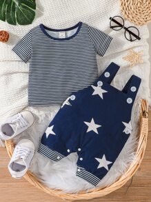 Baby Boy Striped Tee & Star Print Overall Jumpsuit - Blue and White - View 1