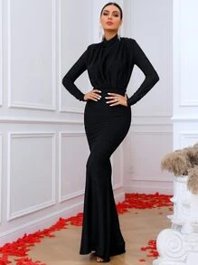 LOVE&LEMONADE Draped Front Mock Neck Glitter Dress, Black Elegant Long Sleeve Formal Evening Prom Gown, For Wedding Guest, Graduation, Dinner, Party Dress - Black - View 1