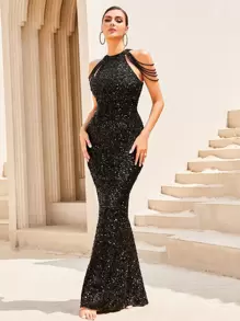 LOVE&LEMONADE Black Rhinestone Mermaid Chain Sleeve Backless Sequin Formal Dress, Elegant For Gala, Wedding Guest, Graduation Ceremony, Evening Party - Black - View 1