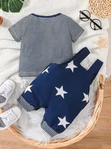 Baby Boy Striped Tee & Star Print Overall Jumpsuit - Blue and White - View 2