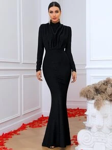 LOVE&LEMONADE Draped Front Mock Neck Glitter Dress, Black Elegant Long Sleeve Formal Evening Prom Gown, For Wedding Guest, Graduation, Dinner, Party Dress - Black - View 3