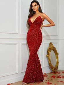 LOVE&LEMONADE 露背美人鱼下摆亮片吊带连衣裙，优雅正式晚会舞会礼服，适合婚礼嘉宾、毕业典礼、晚宴 - 紅色 - 查看 5
